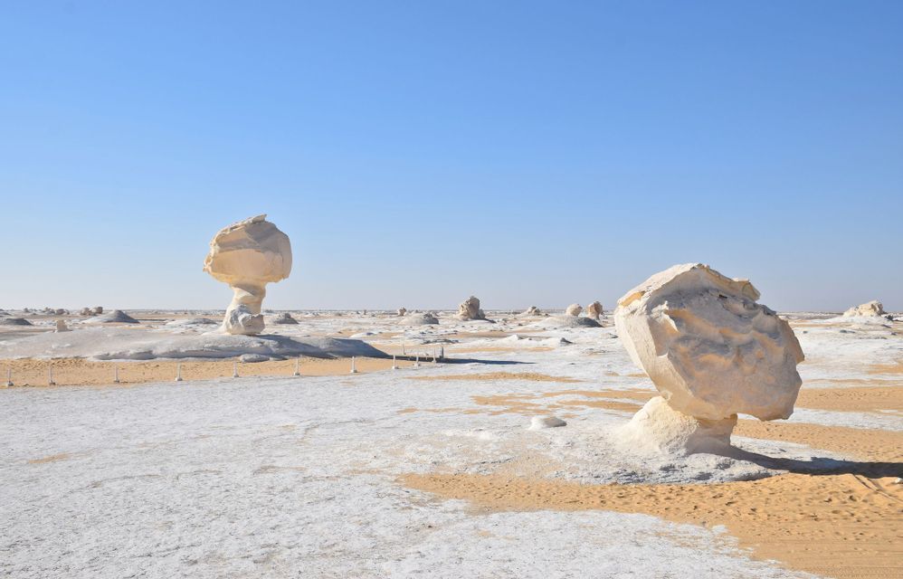 De grandes formations rocheuses de craie blanche se dressent dans un paysage désertique de sable blanc et jaune sous un ciel bleu clair.