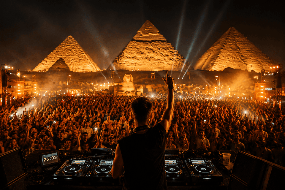 Un DJ vu de dos se produit devant une foule immense lors d'un concert de nuit, face aux Pyramides et au Sphinx illuminés.