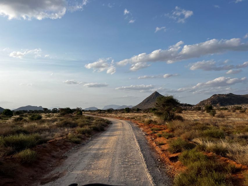 A winding dirt road through a dry savanna landscape, with distant mountains under a blue sky with scattered clouds.