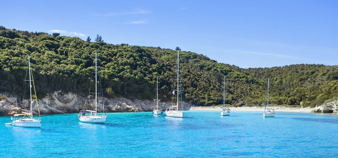 Diverse barche a vela bianche galleggiano su acque calme e turchesi in una baia, con una collina verde lussureggiante sullo sfondo.