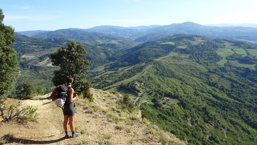 Un escursionista con un grande zaino è su un sentiero di montagna, che osserva un paesaggio verde e collinare.