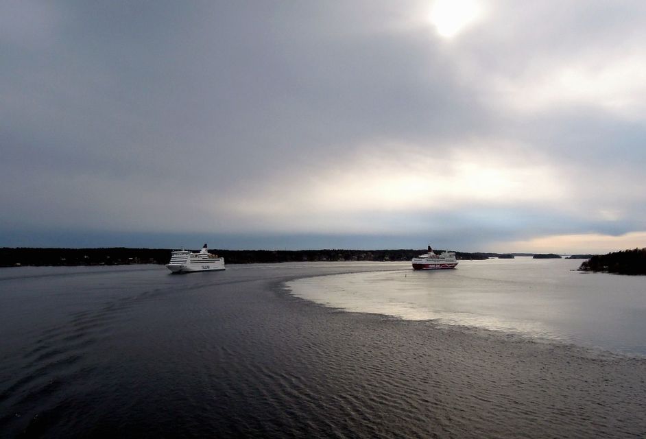 Due grandi traghetti navigano sul mare, le loro scie dividono la superficie dell'acqua, con una costa boscosa sotto un cielo nuvoloso.
