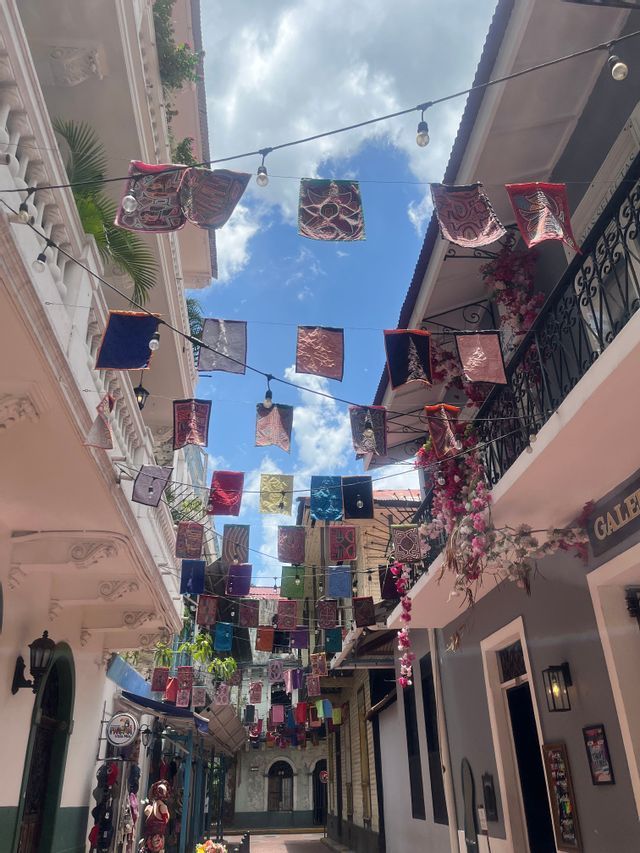 Casco Viejo street decorations Colorful decorations hanging over a street in Casco Viejo