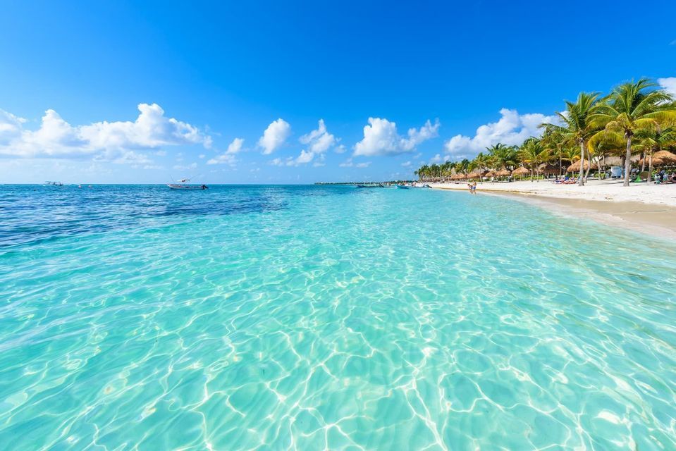 La luz del sol brilla sobre el agua clara y turquesa que baña una playa de arena blanca bordeada de palmeras bajo un cielo azul.