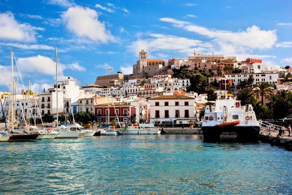 A harbor filled with docked sailboats and yachts in front of a hillside town with white buildings under a blue sky.