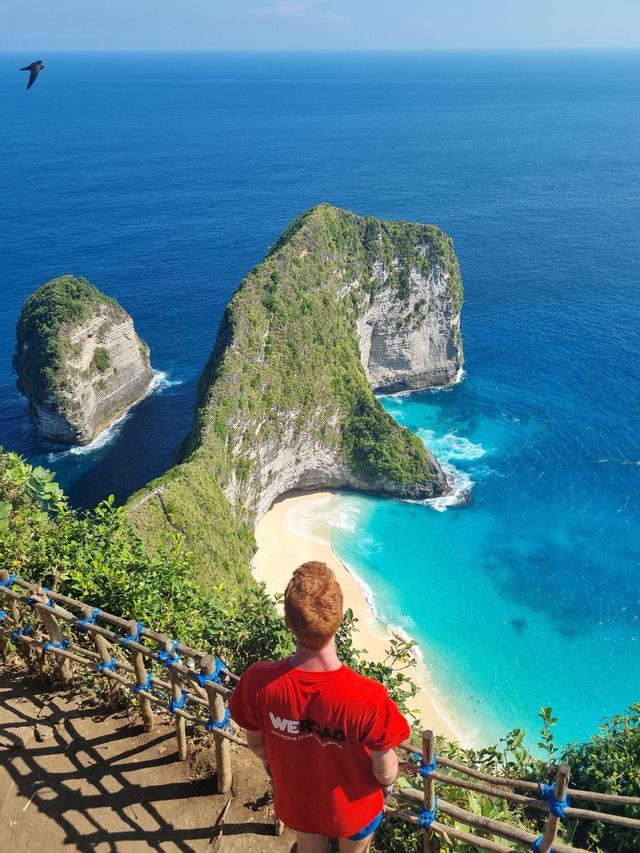 A traveler in a red WeRoad t-shirt looks out from a high cliff over a white sand beach and a large rock formation in turquoise water.