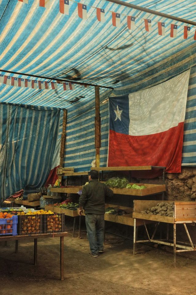 Un uomo acquista frutta e verdura in una bancarella di un mercato al coperto, decorata con bandiere cilene, sotto un telo a strisce blu e bianche.