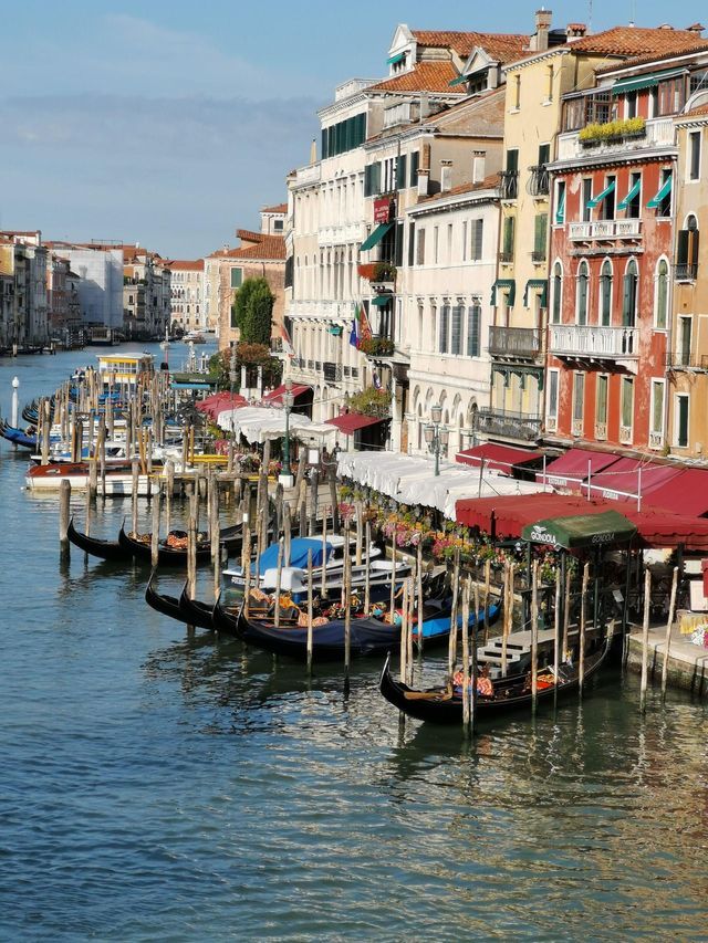 A row of gondolas is moored to wooden posts in a canal, with colorful, multi-story buildings lining the waterway under a blue sky.