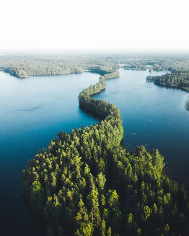 Une vue aérienne d'une longue péninsule sinueuse couverte d'arbres verts denses, serpentant à travers un lac bleu calme sous un ciel brumeux.