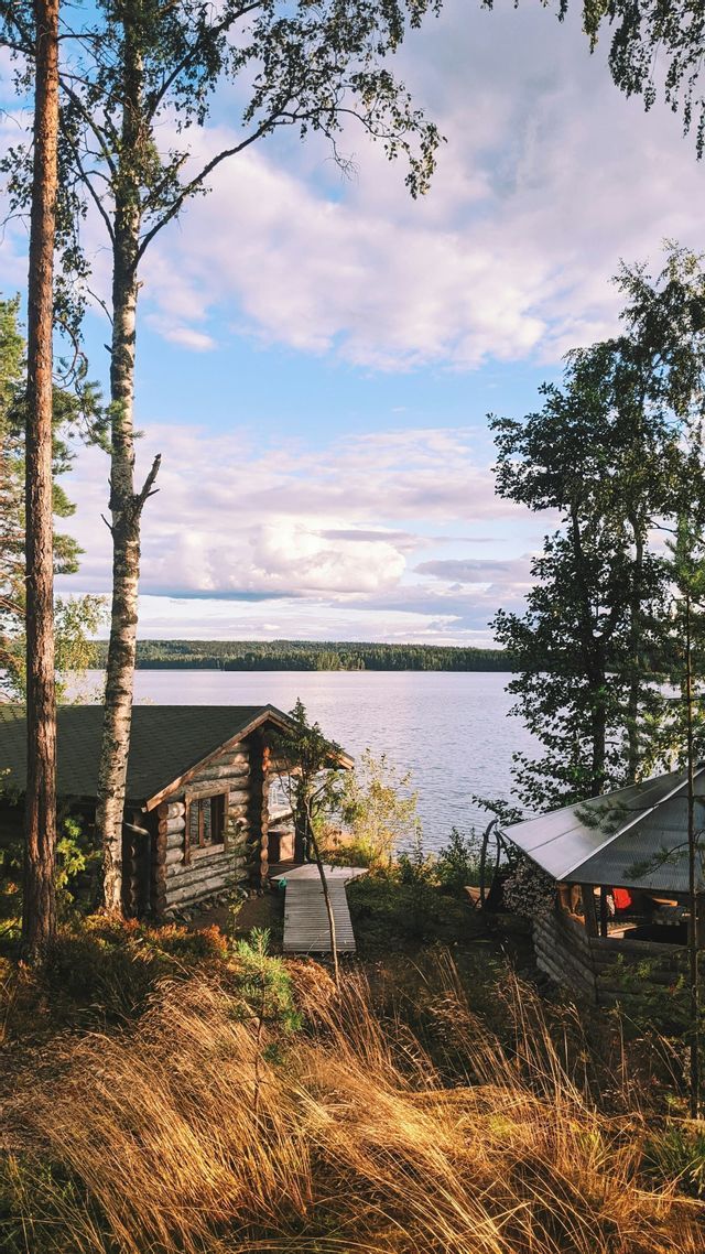 Une cabane en rondins rustique se dresse sur une berge herbeuse, dominant un grand lac, avec une forêt dense sur la rive opposée sous un ciel nuageux.