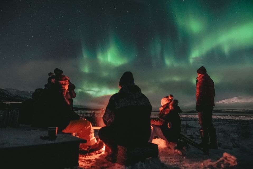 Un groupe WeRoad en voyage est réuni autour d'un feu de camp, la nuit, dans un paysage enneigé, observant les aurores boréales vertes dans le ciel étoilé.