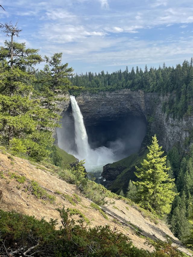 Una potente cascata si getta in un profondo canyon circolare, circondato da una fitta foresta sempreverde, sotto un cielo parzialmente nuvoloso.