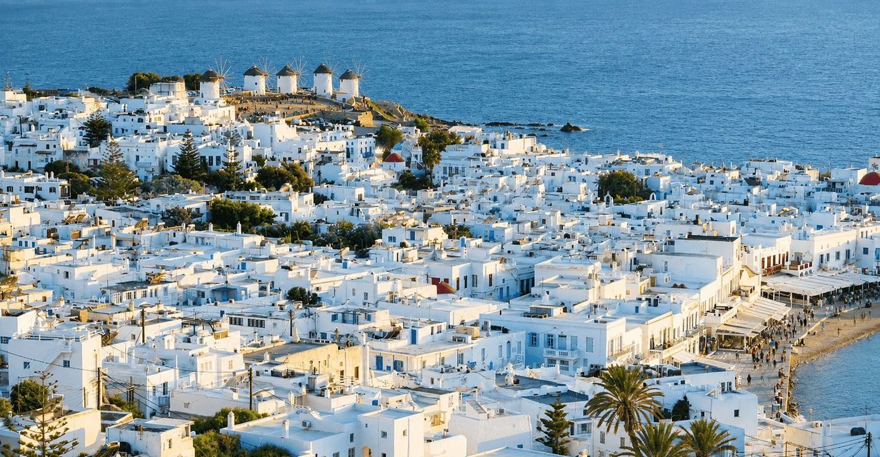 Edifici di una cittadina costiera imbiancati a calce si estendono su una collina vicino al mare blu con i mulini a vento sullo sfondo.