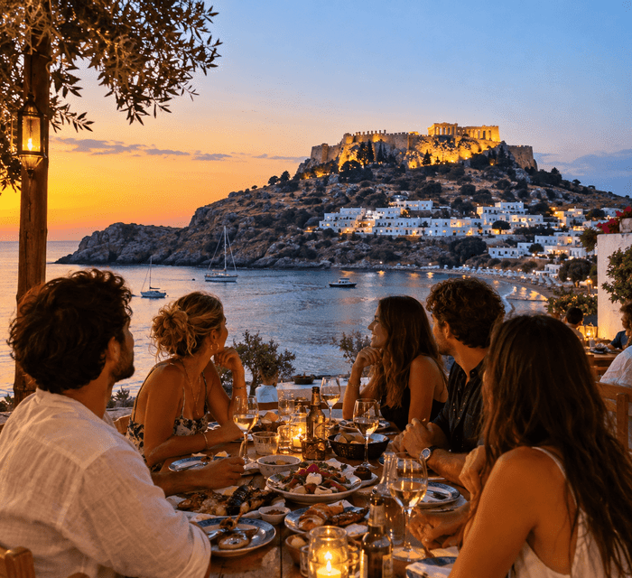Un viaggio di gruppo WeRoad a cena all'aperto vicino al mare al tramonto con vista su una fortezza illuminata in cima a una collina
