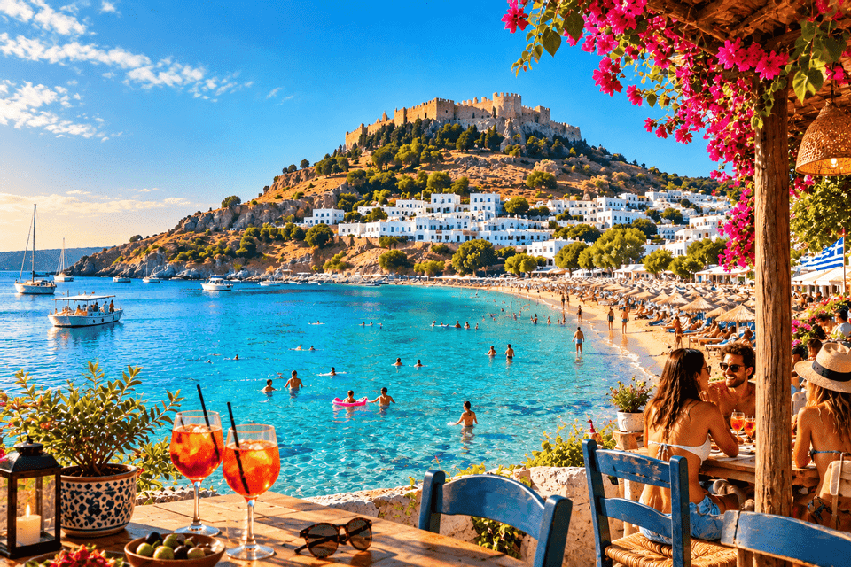 Le persone siedono sulla terrazza di un ristorante sulla spiaggia che domina i nuotatori nelle limpide acque blu del mare e una fortezza sulla collina.