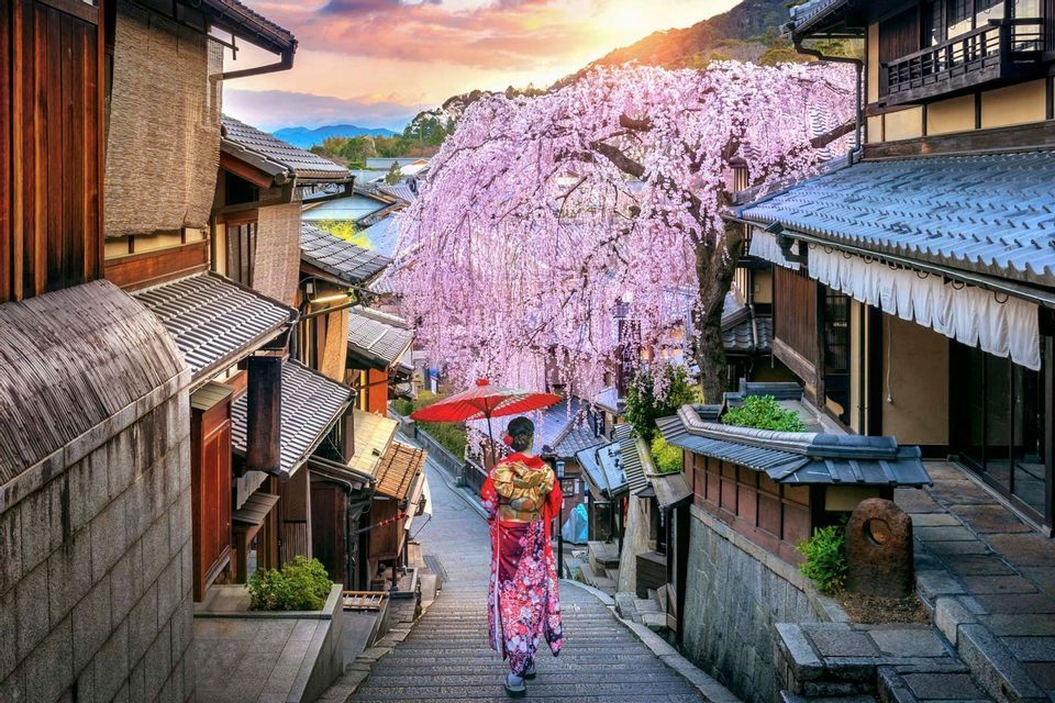 Un guía de grupo de WeRoad visto de espaldas, subiendo escaleras de piedra hacia una gran pagoda japonesa roja con árboles.