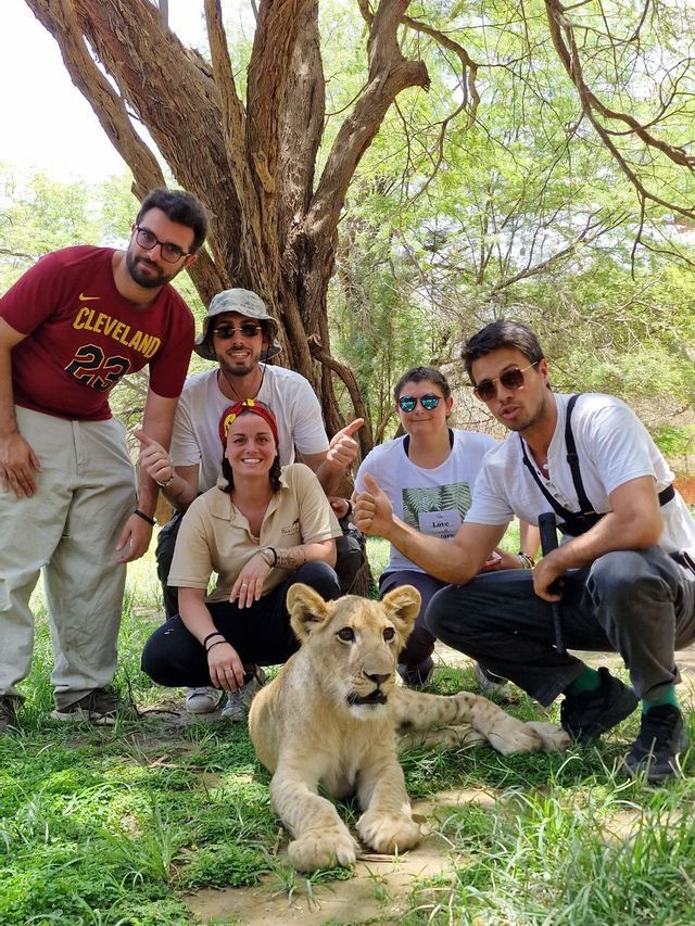 Un viaggio di gruppo WeRoad di persone in posa per una foto con un cucciolo di leone sdraiato sull'erba sotto un grande albero.