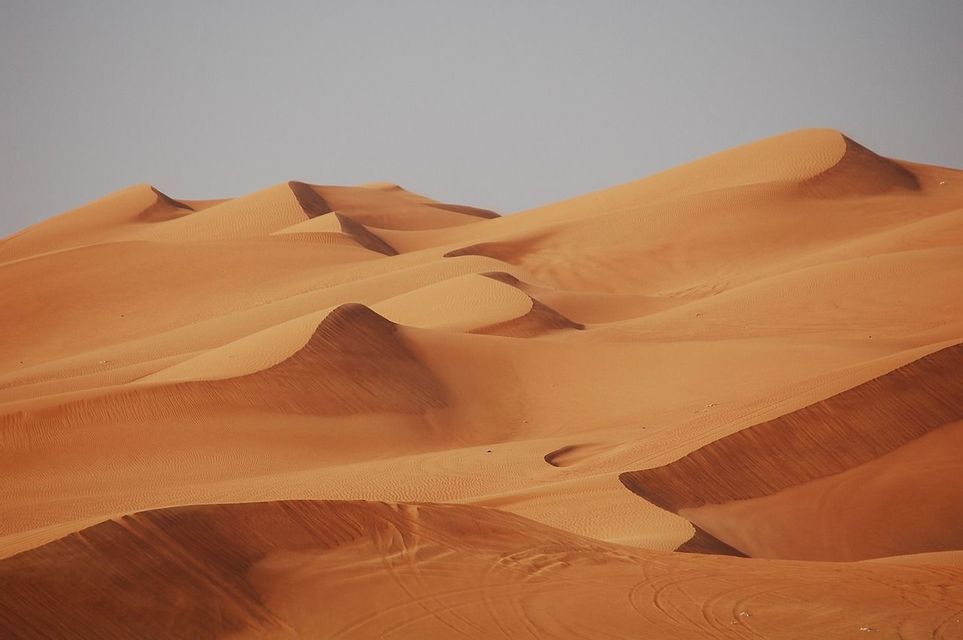 Una vasta distesa di dune di sabbia arancione ondulate con creste affilate si estende sotto un cielo fosco e coperto.