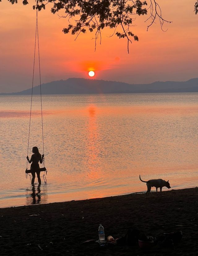 Eine Person als Silhouette auf einer Schaukel im Wasser und ein Hund am Ufer, mit dem Sonnenuntergang über fernen Bergen und dem Wasser.