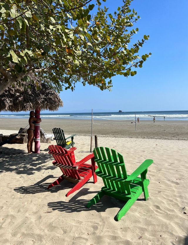 Rote und grüne Adirondack-Stühle an einem Sandstrand unter einem Blätterbaum, mit dem Ozean und blauem Himmel im Hintergrund.