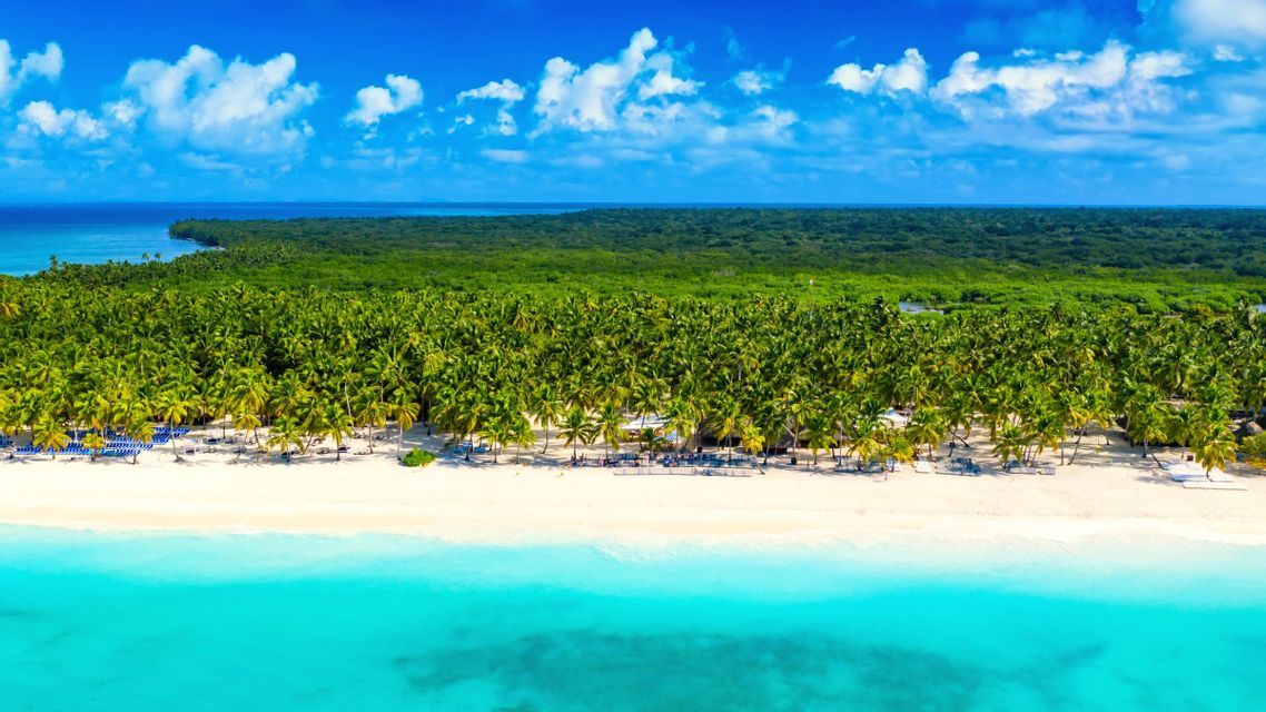 Veduta aerea di una spiaggia di sabbia bianca con acqua turchese, costeggiata da palme verdi e una foresta lussureggiante sotto un cielo blu e nuvoloso.