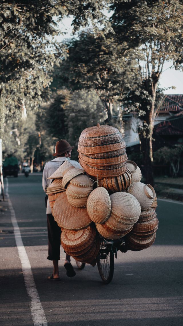 Una persona vista di spalle percorre una strada alberata in bicicletta, pesantemente carica di numerosi cesti intrecciati.