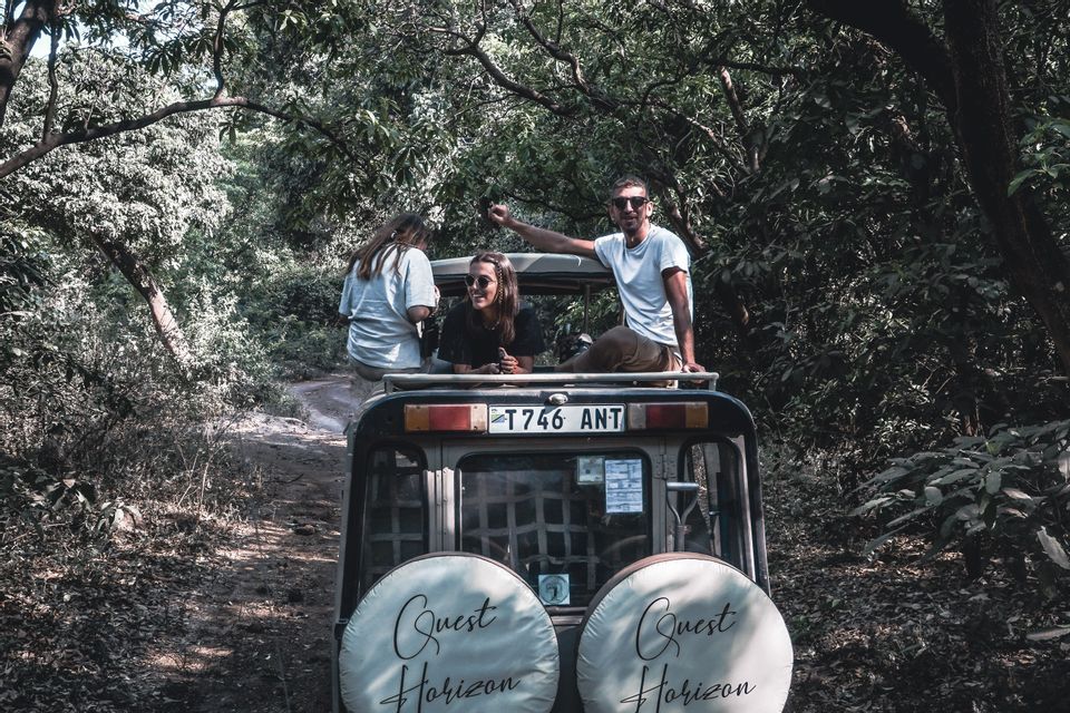 Un voyage de groupe WeRoad de trois personnes à l'arrière d'un véhicule de safari découvert sur un chemin de terre à travers une forêt dense.