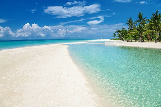 Una lingua di sabbia bianca si curva tra il mare turchese cristallino e una laguna calma, con palme sulla riva sotto un cielo blu.