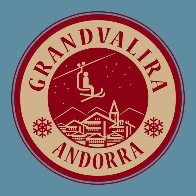 Un logotipo circular rojo y beige para Grandvalira, Andorra, con un esquiador en un telesilla sobre un pueblo de montaña con copos de nieve.
