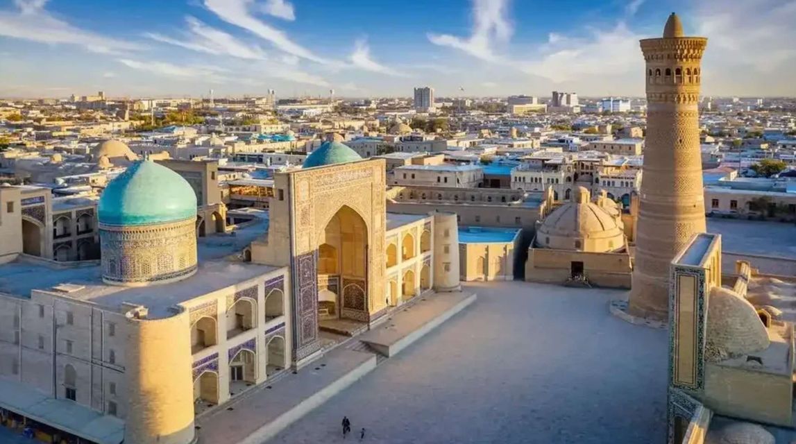 Una vista aerea di un complesso storico cittadino con sontuosi edifici dalle cupole blu e un alto minareto che circondano un cortile in pietra.