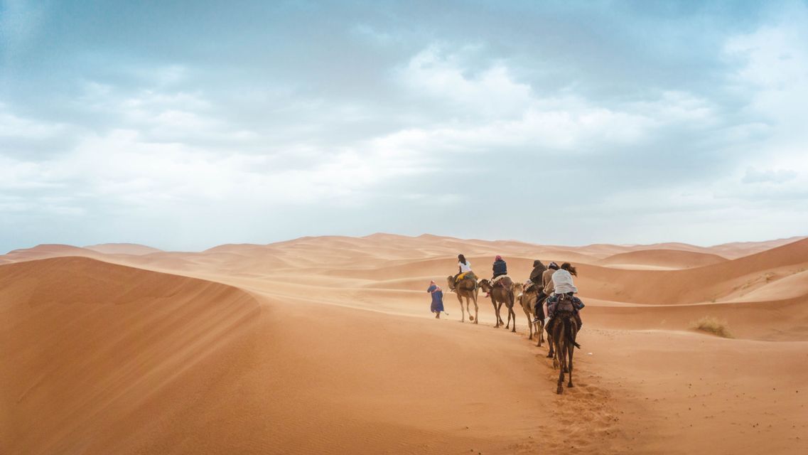 Un viaggio di gruppo WeRoad guida una carovana di cammelli attraverso vaste dune di sabbia arancioni sotto un cielo nuvoloso.