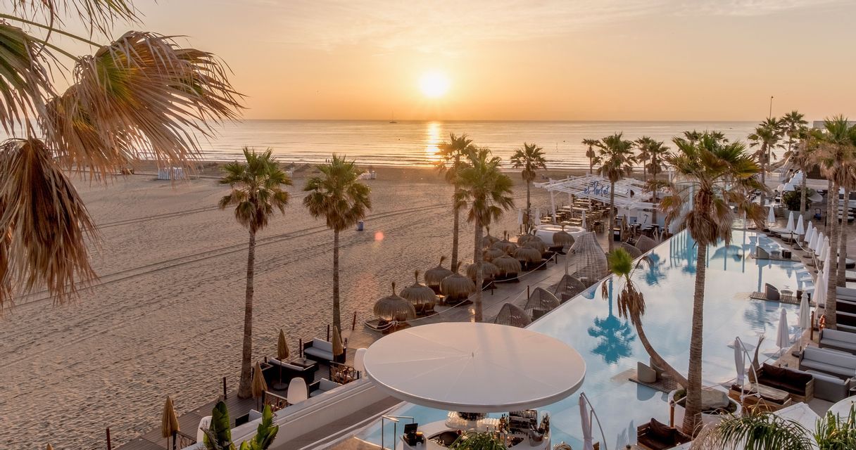 Una vista aerea di un resort sulla spiaggia con una lunga piscina, palme e sedie a sdraio che si affacciano sull'oceano all'alba.