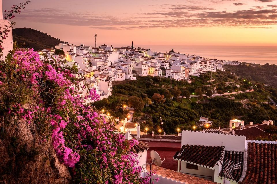 Ein Küstendorf mit weißen Gebäuden, eingebettet in einen grünen Hügel bei Sonnenuntergang, mit leuchtend rosa Blumen im Vordergrund.