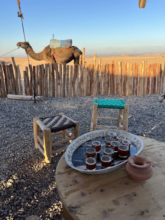 Bicchieri di tè su un vassoio si trovano su un tavolo di legno in un campo nel deserto, con un cammello sellato in piedi dietro una recinzione di legno.