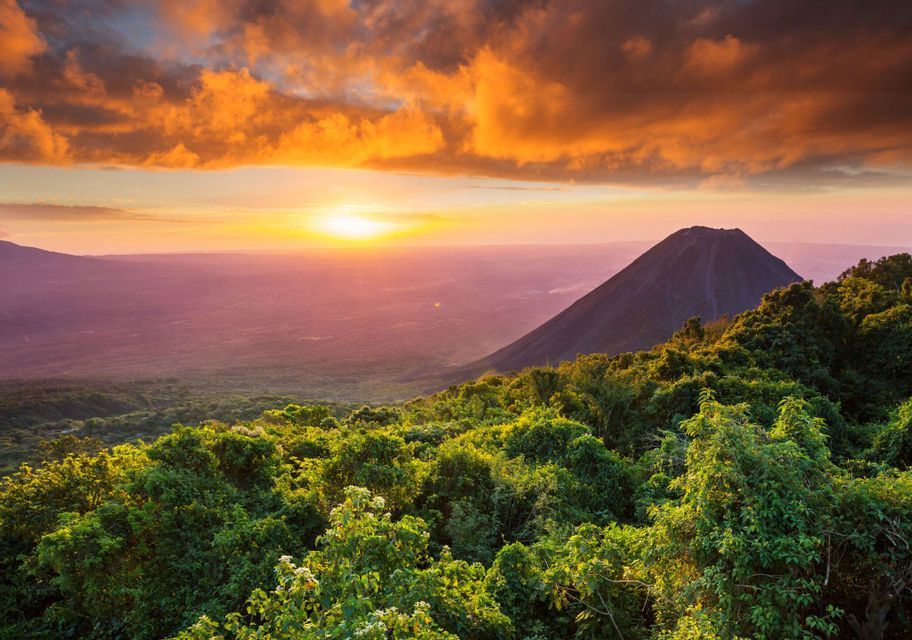 The Izalco volcano at sunset seen from the Santa Ana volcano park