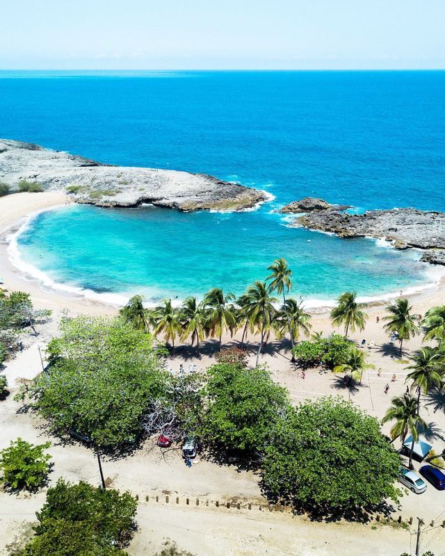 Una vista aerea di una caletta tropicale con acqua turchese, una spiaggia sabbiosa orlata di palme e l'oceano blu profondo.