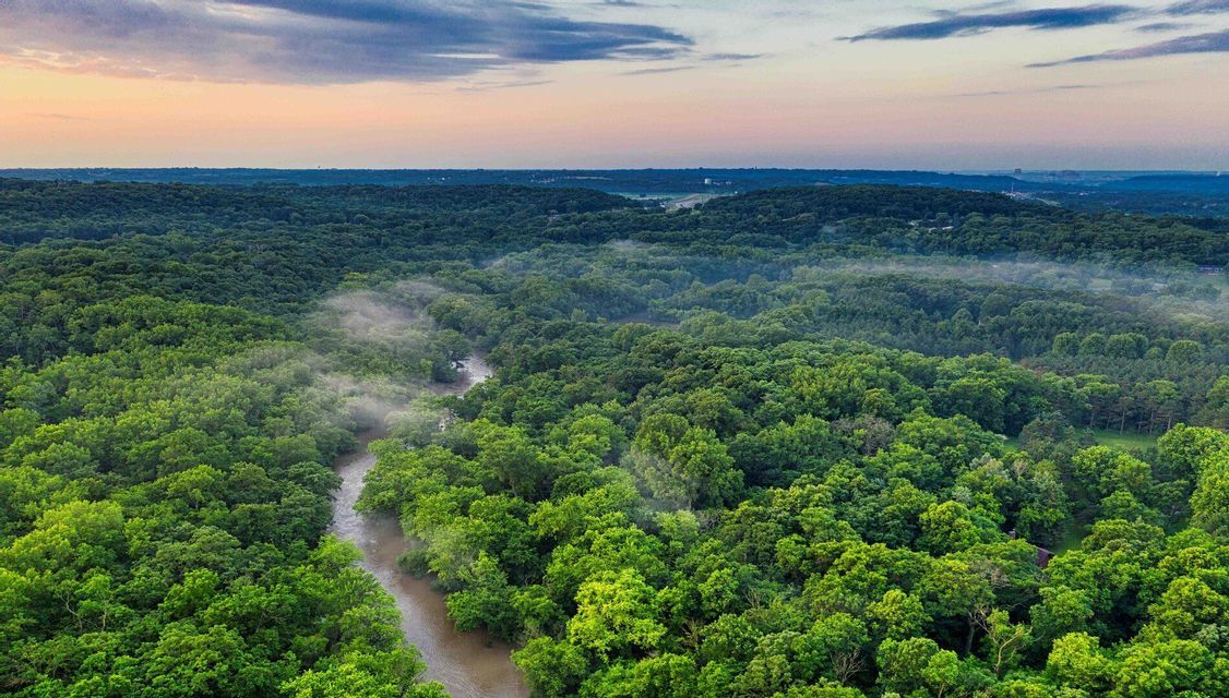 Una vista aérea de un río serpenteando a través de un vasto bosque verde con neblina baja bajo un cielo al atardecer.