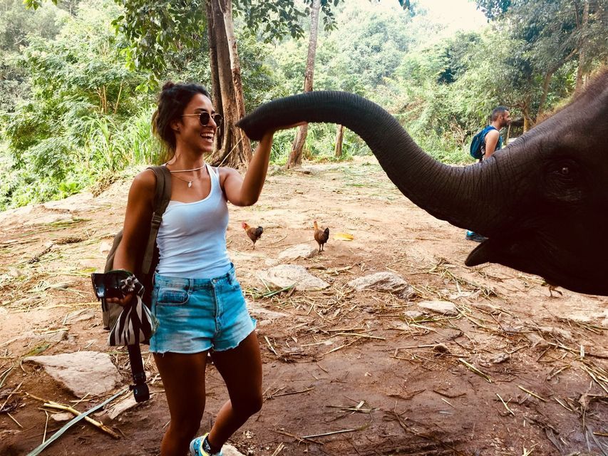 Une femme souriante, lors d'un voyage de groupe WeRoad, touche la trompe d'un éléphant dans une clairière de jungle.