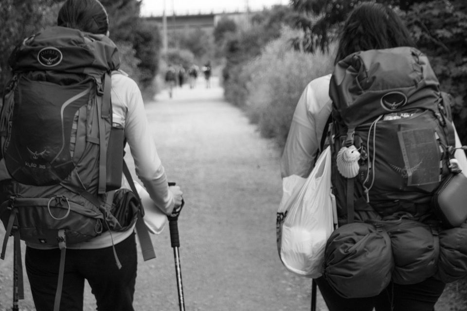 Vista trasera de dos personas en un viaje en grupo de WeRoad haciendo senderismo por un sendero con mochilas grandes y bastones de trekking.