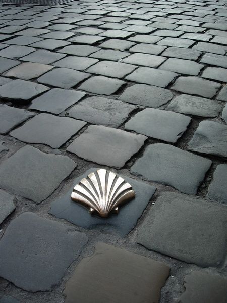 Un símbolo de concha de vieira de bronce incrustado en un único adoquín en una calle oscura y empedrada.