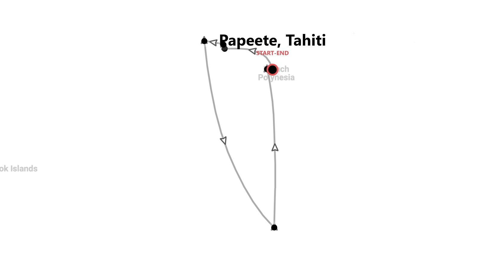 Eine Karte, die eine Reiseroute durch Französisch-Polynesien zeigt, beginnend und endend in Papeete, Tahiti.