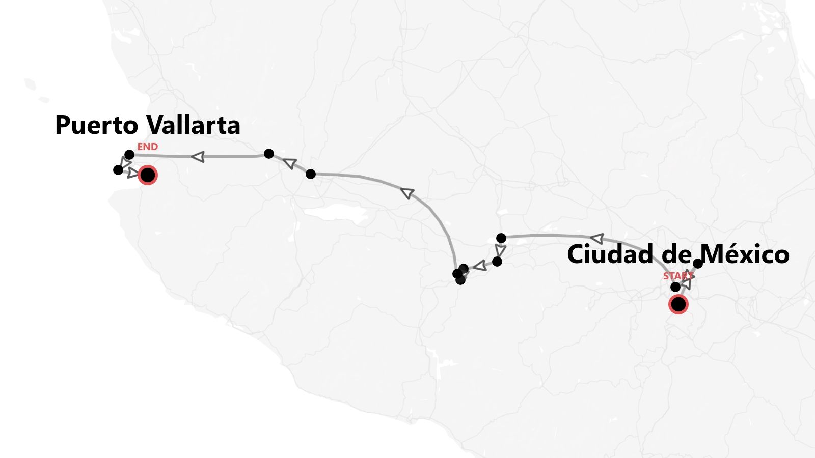 Un mapa que muestra una ruta de viaje por México, comenzando en Ciudad de México y terminando en Puerto Vallarta.