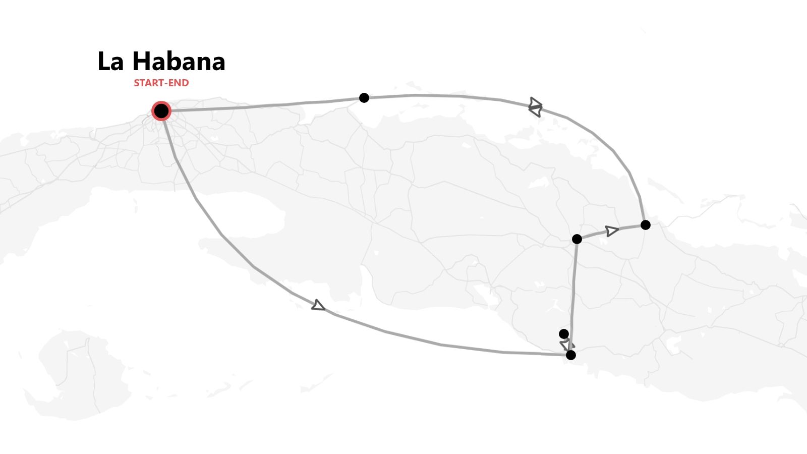 Un mapa que muestra un itinerario de viaje por Cuba, con una ruta que comienza y termina en la ciudad de La Habana.