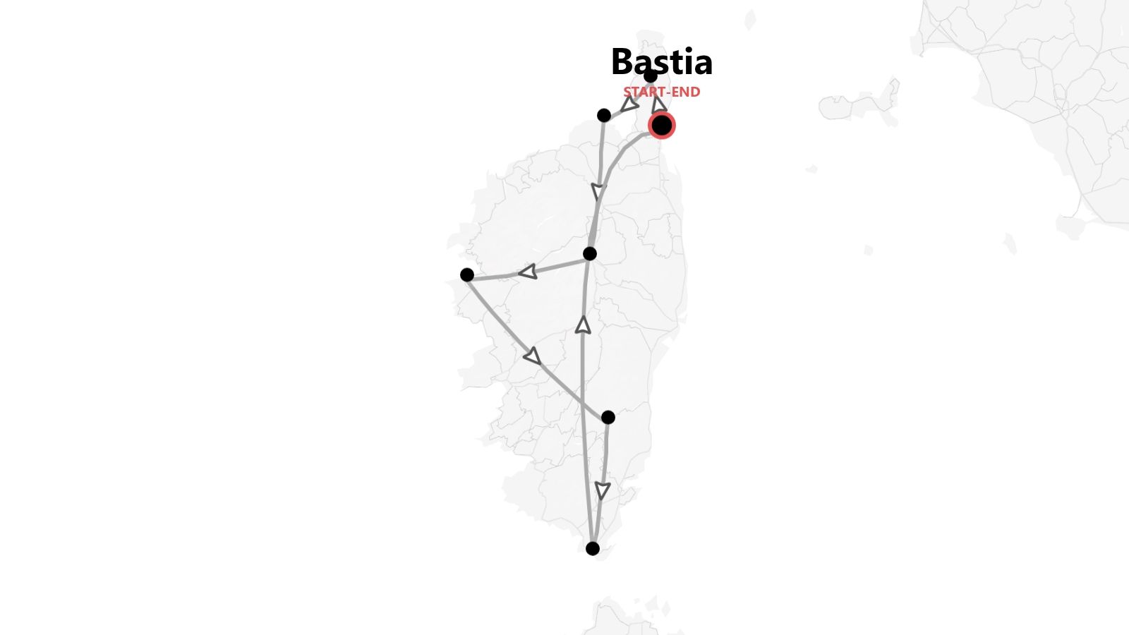 Eine Karte Korsikas mit einer Reiseroute und mehreren Stationen, die in Bastia beginnt und endet.
