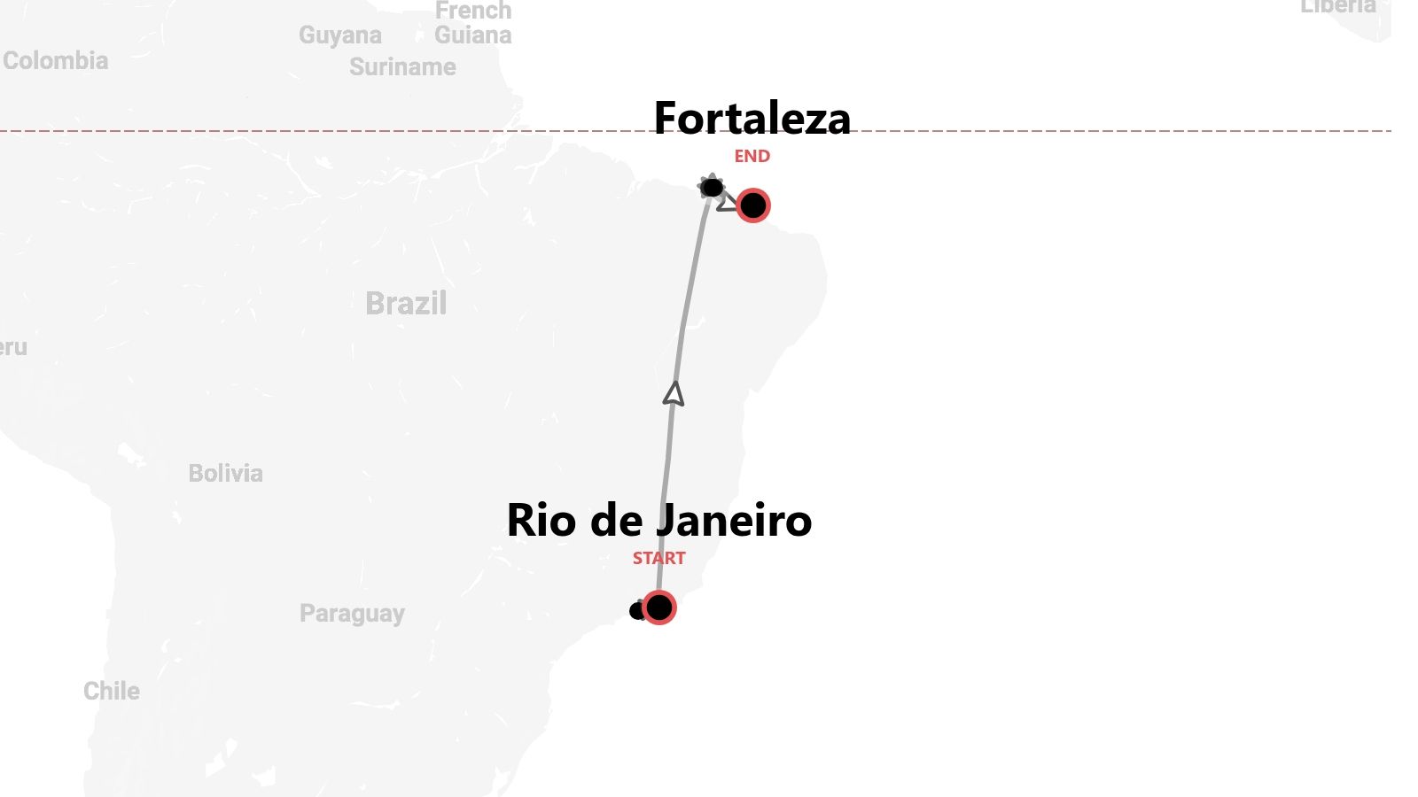 Una mappa del Brasile che mostra un itinerario di viaggio con partenza da Rio de Janeiro e arrivo a Fortaleza.