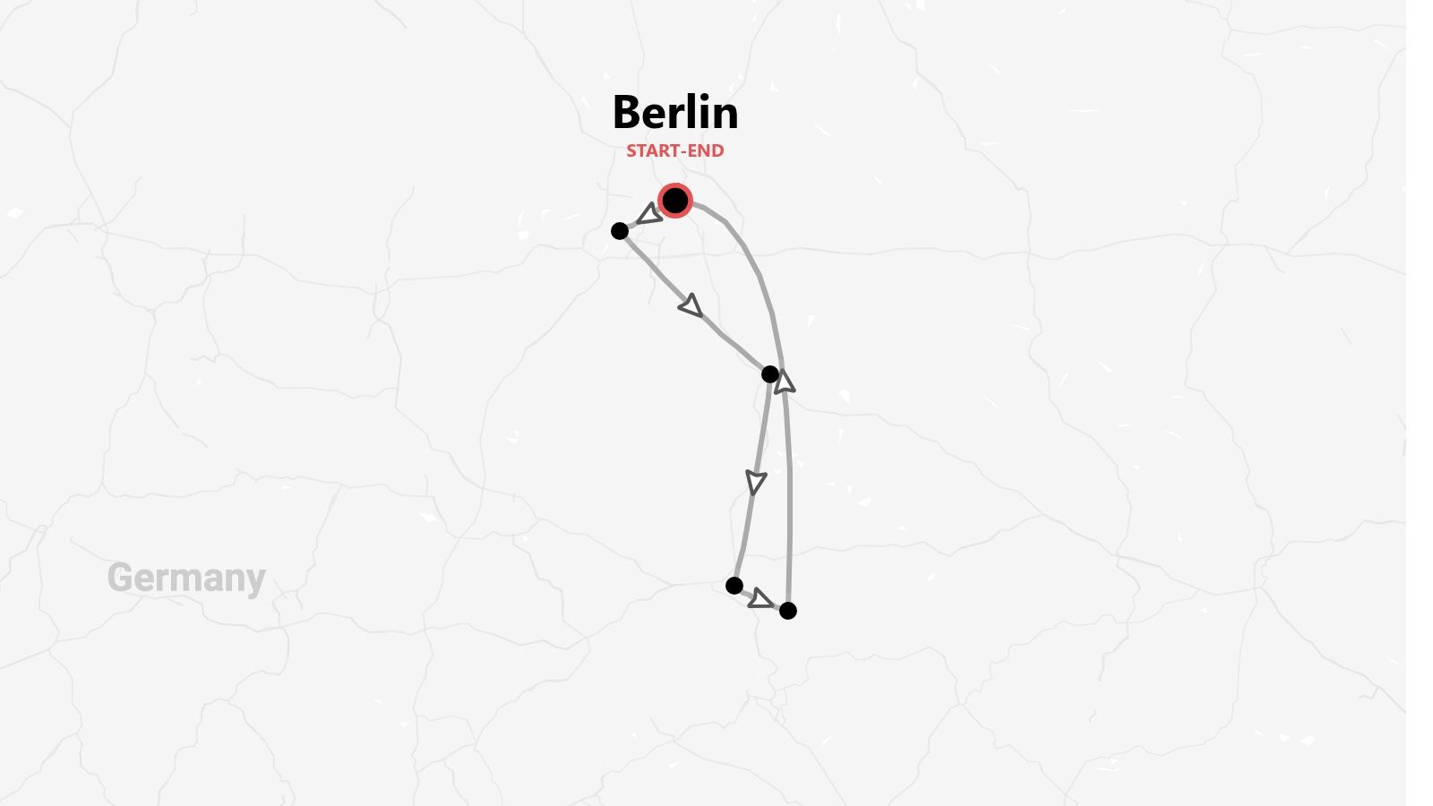 A map showing a trip itinerary within Germany, with the start and end point in Berlin.