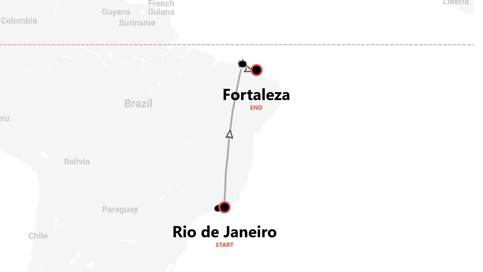 A map of Brazil showing a travel route starting in Rio de Janeiro and ending in Fortaleza.