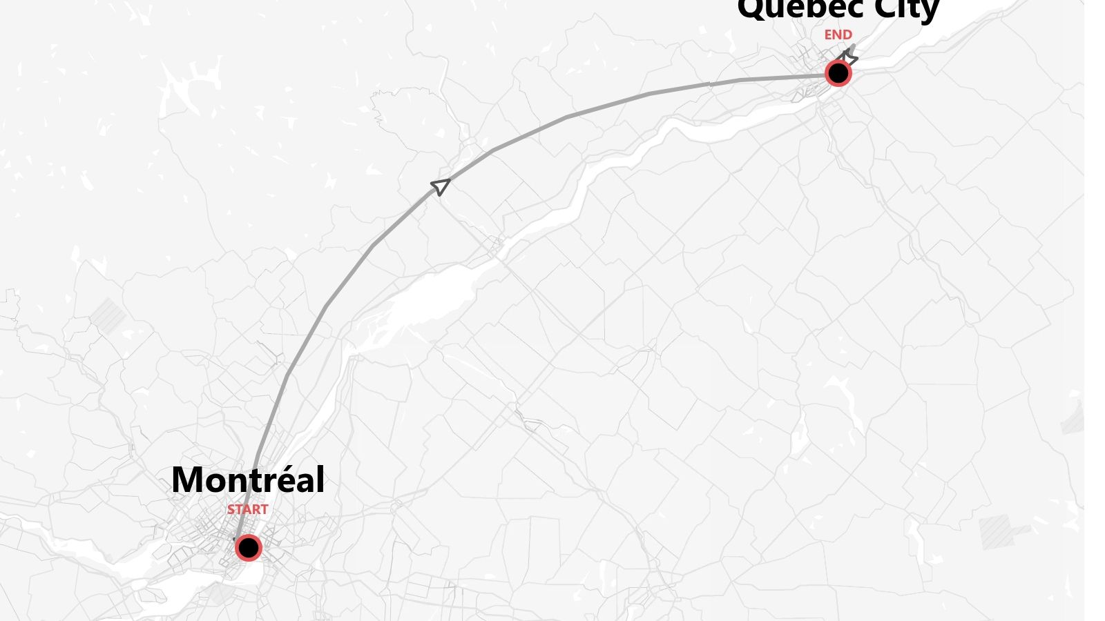 A travel route map showing a journey starting in Montréal and ending in Quebec City.