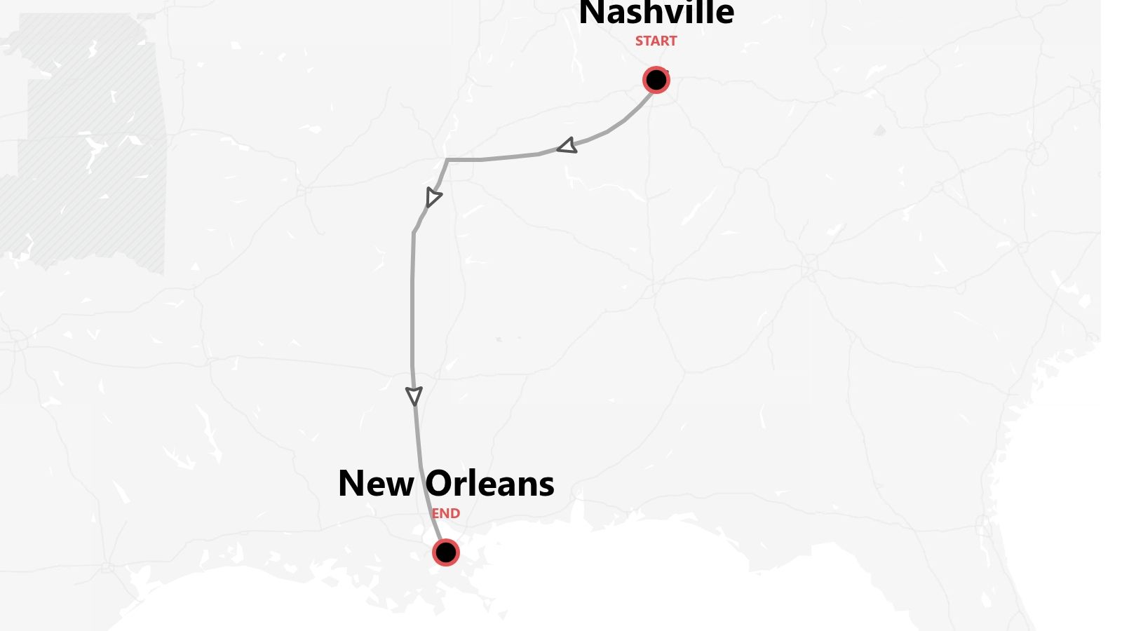 Travel route map showing a directional path starting in Nashville and ending in New Orleans.