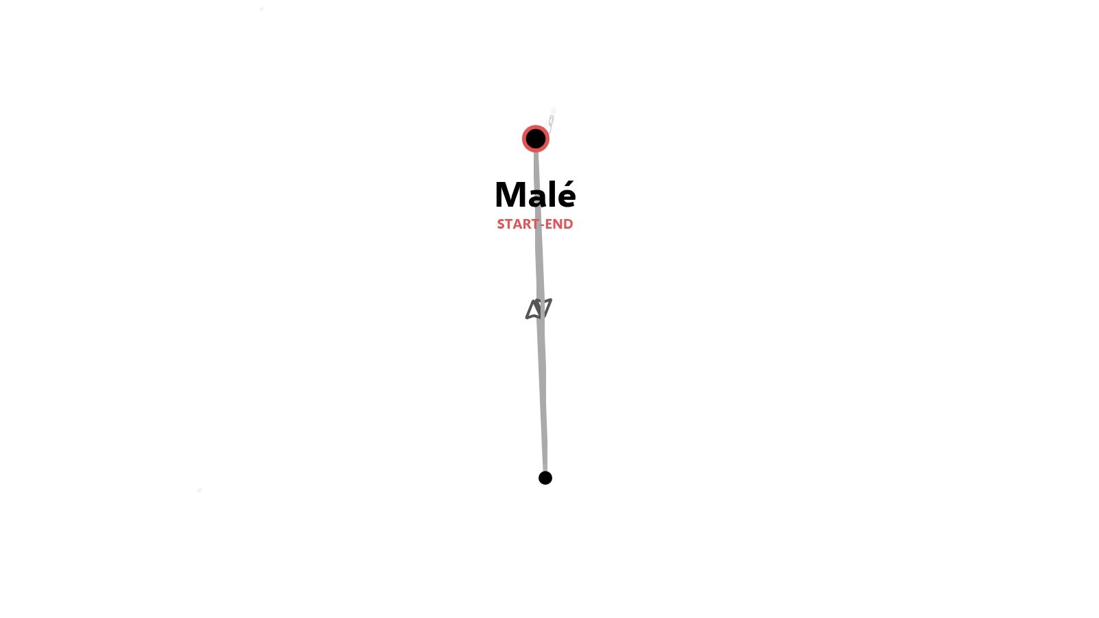 Mapa de ruta minimalista que muestra una ruta de viaje vertical con Malé marcado como punto de inicio y fin.